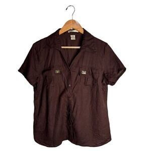 Brown Short Sleeve Button Down Shirt with Notched Collar